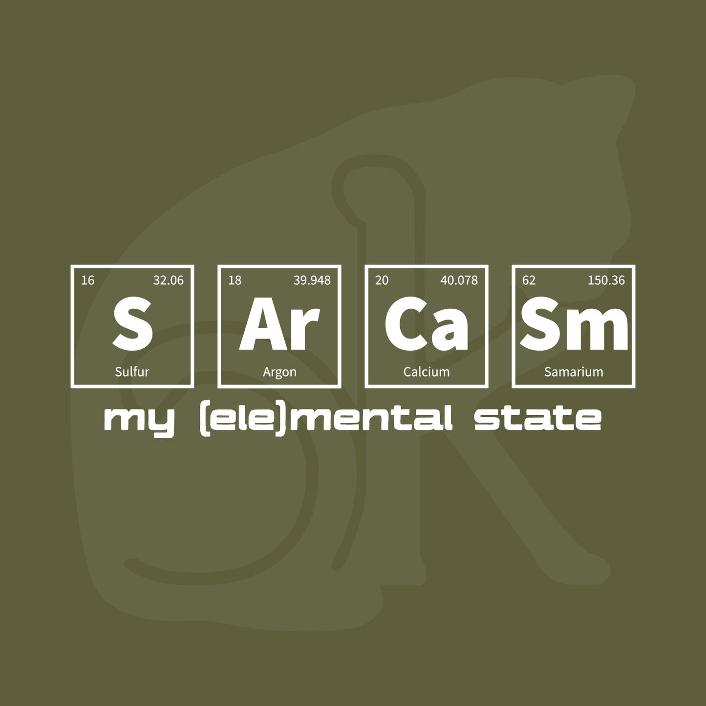 Standalone watermarked graphic of periodic table of elements symbols for Sulfur (S), Argon (Ar), Calcium (Ca), and Samarium (Sm) and text "my (ele)mental state"