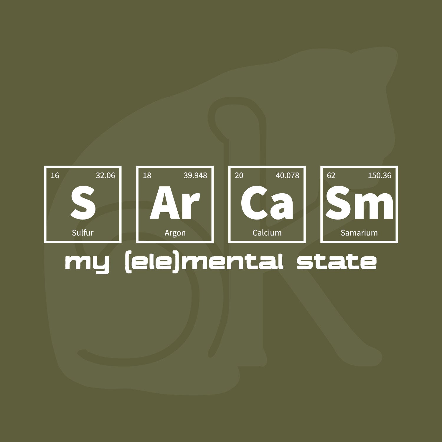 Standalone watermarked graphic of periodic table of elements symbols for Sulfur (S), Argon (Ar), Calcium (Ca), and Samarium (Sm) and text "my (ele)mental state"