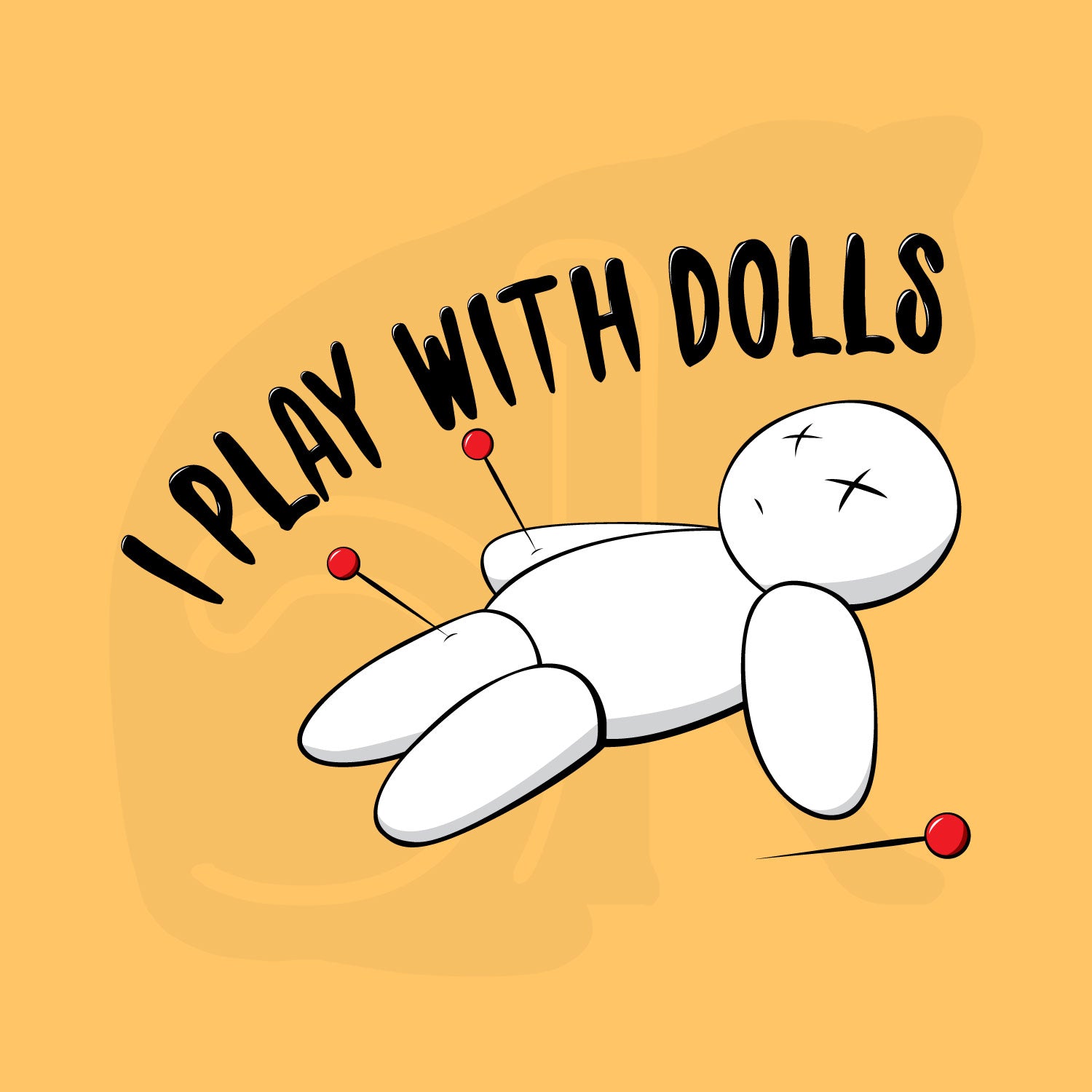 Standalone watermarked graphic of white voodoo doll with Xs for eyes stuck with several pins and text "I PLAY WITH DOLLS"