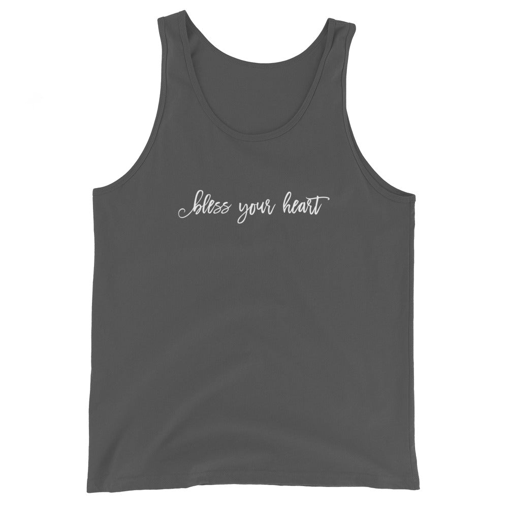 Asphalt grey tank top with white graphic in an excessively twee font: "bless your heart"