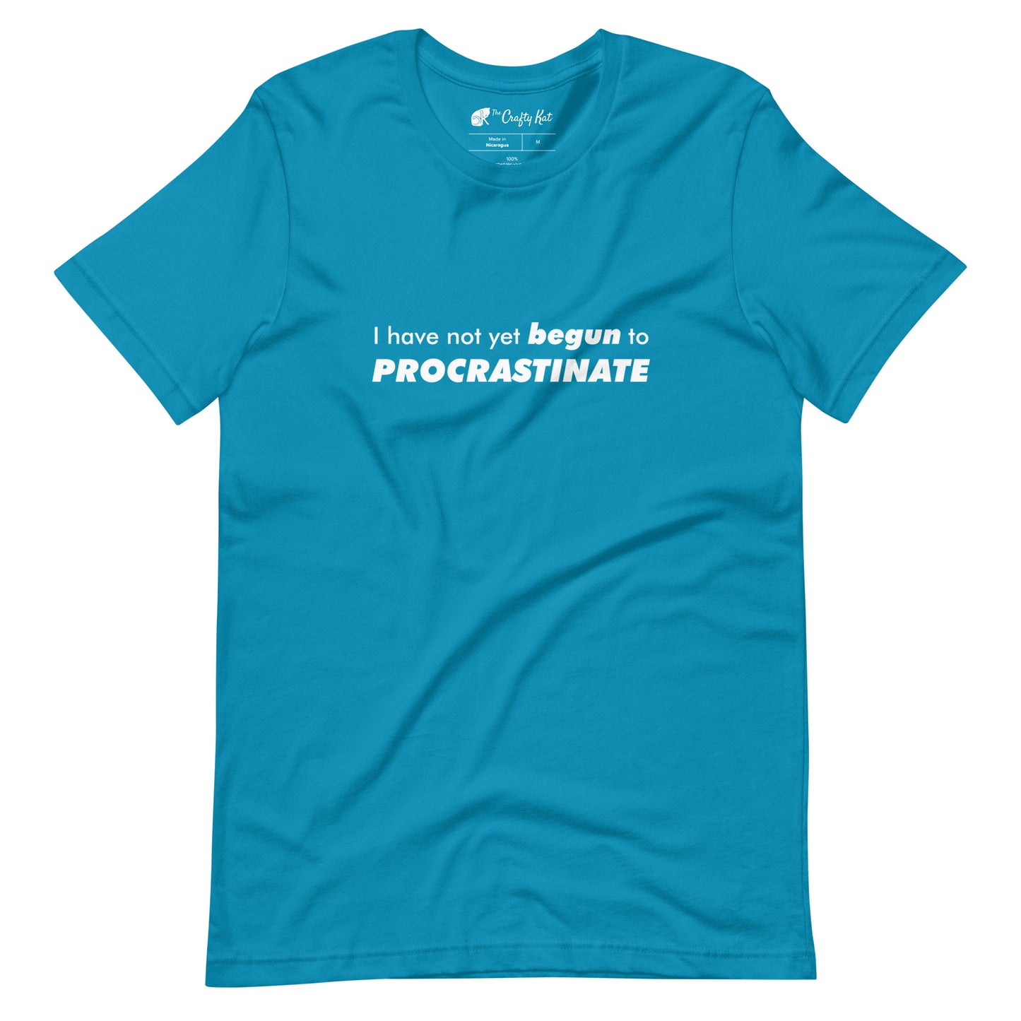Aqua (sky blue) t-shirt with text graphic: "I have not yet BEGUN to PROCRASTINATE"