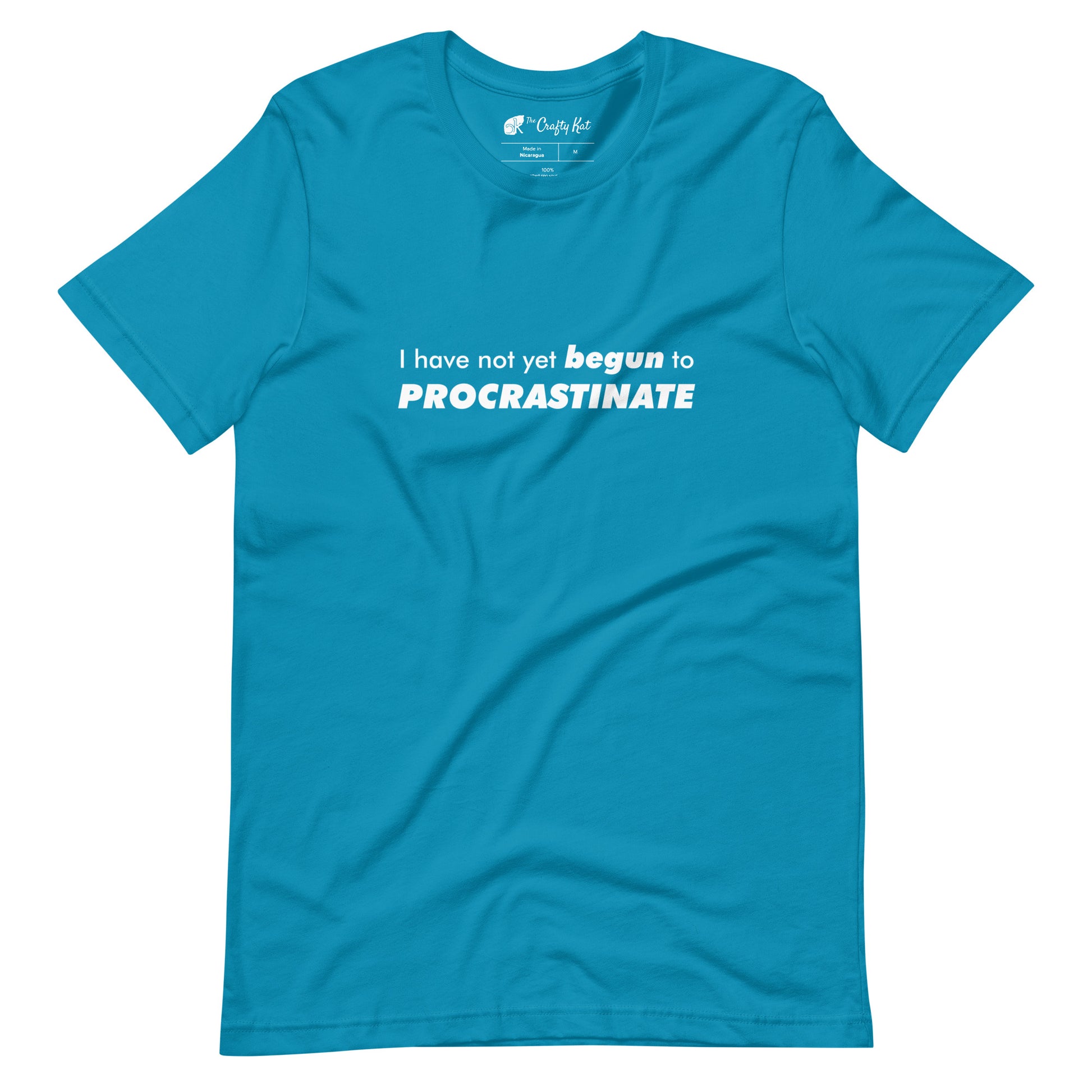 Aqua (sky blue) t-shirt with text graphic: "I have not yet BEGUN to PROCRASTINATE"