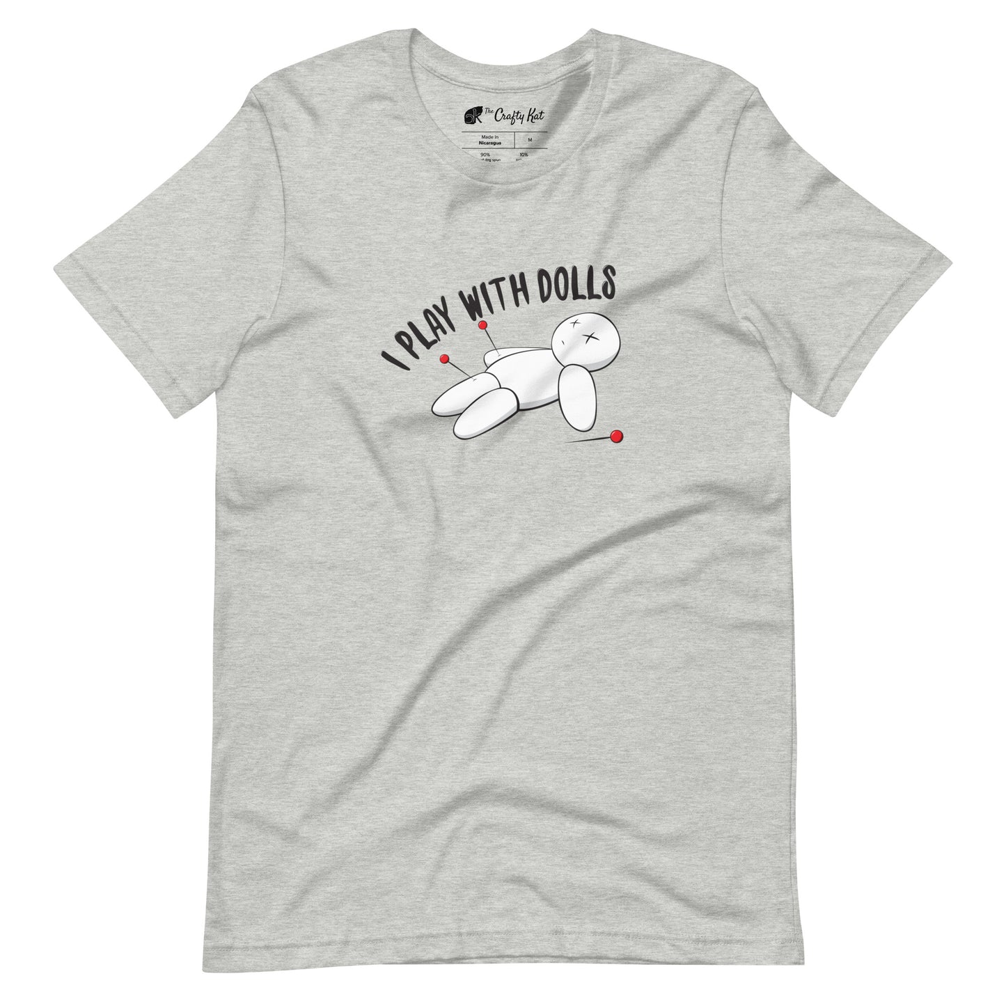 Athletic Heather t-shirt with graphic of white voodoo doll with Xs for eyes stuck with several pins and text "I PLAY WITH DOLLS"