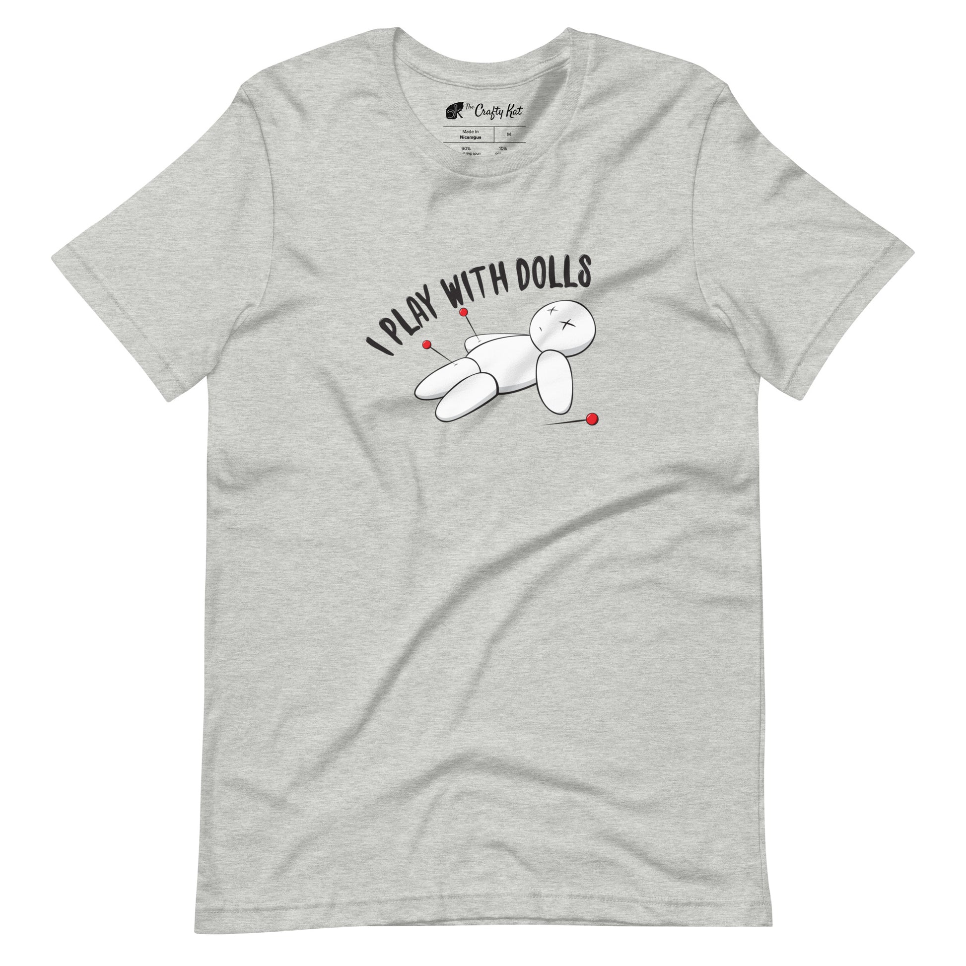 Athletic Heather t-shirt with graphic of white voodoo doll with Xs for eyes stuck with several pins and text "I PLAY WITH DOLLS"