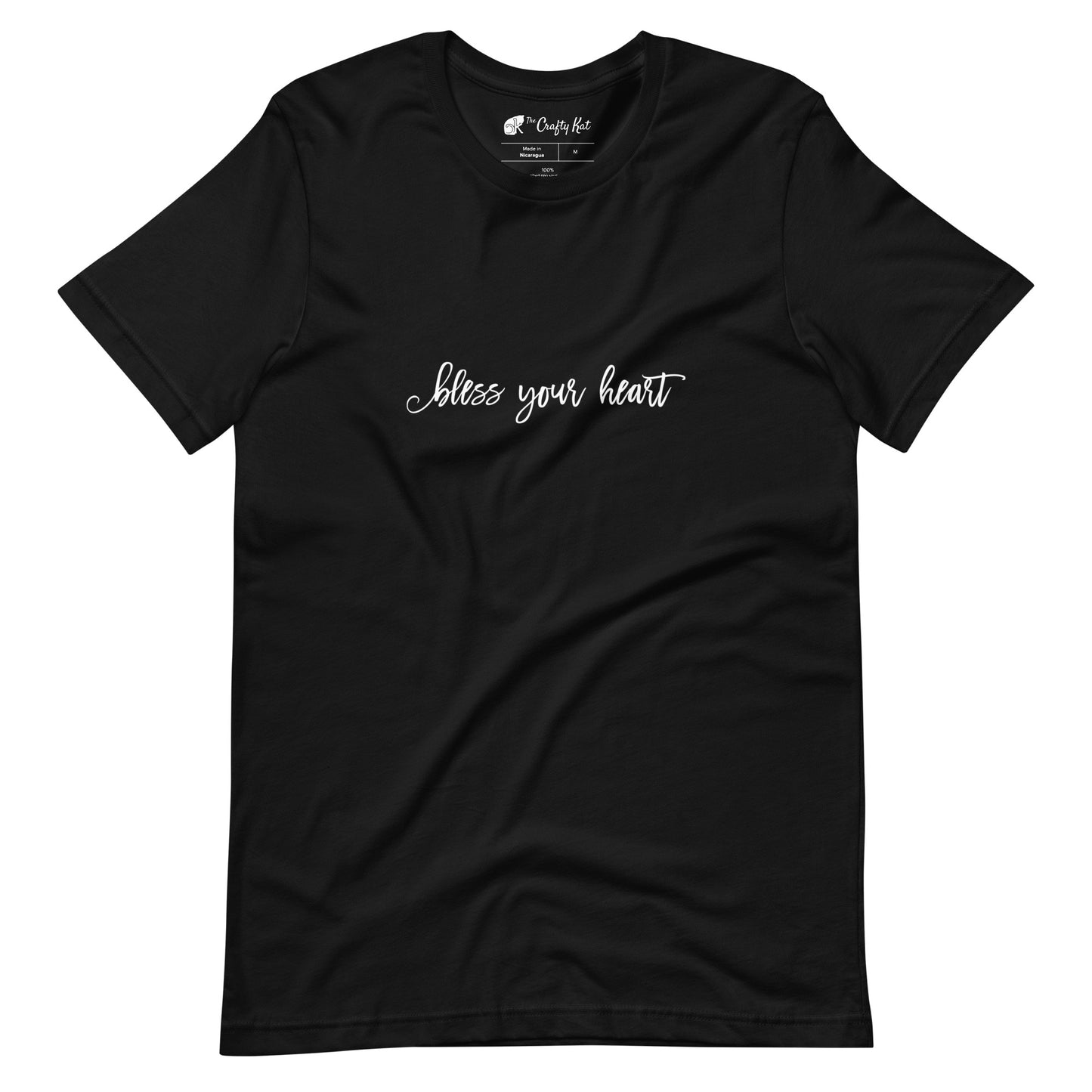 Black t-shirt with white graphic in an excessively twee font: "bless your heart"