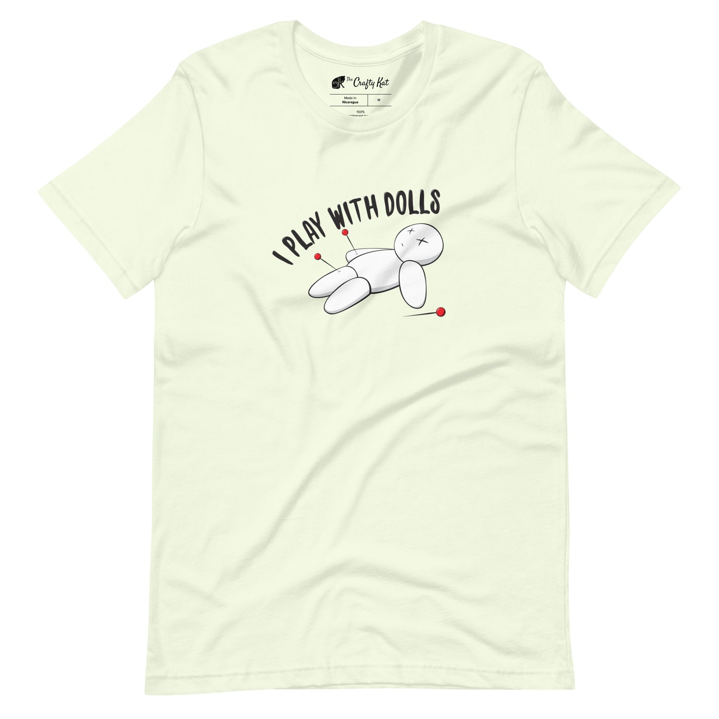 Citron (pale yellow) t-shirt with graphic of white voodoo doll with Xs for eyes stuck with several pins and text "I PLAY WITH DOLLS"