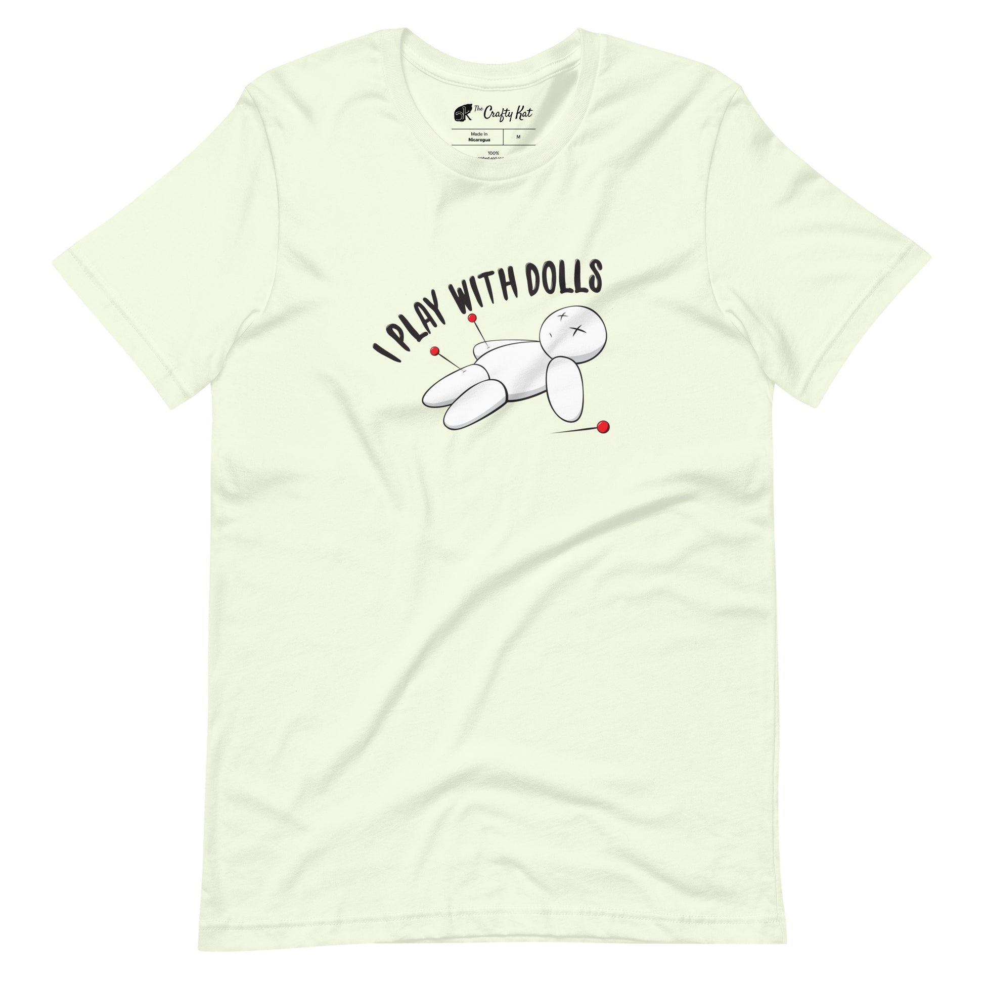 Citron (pale yellow) t-shirt with graphic of white voodoo doll with Xs for eyes stuck with several pins and text "I PLAY WITH DOLLS"