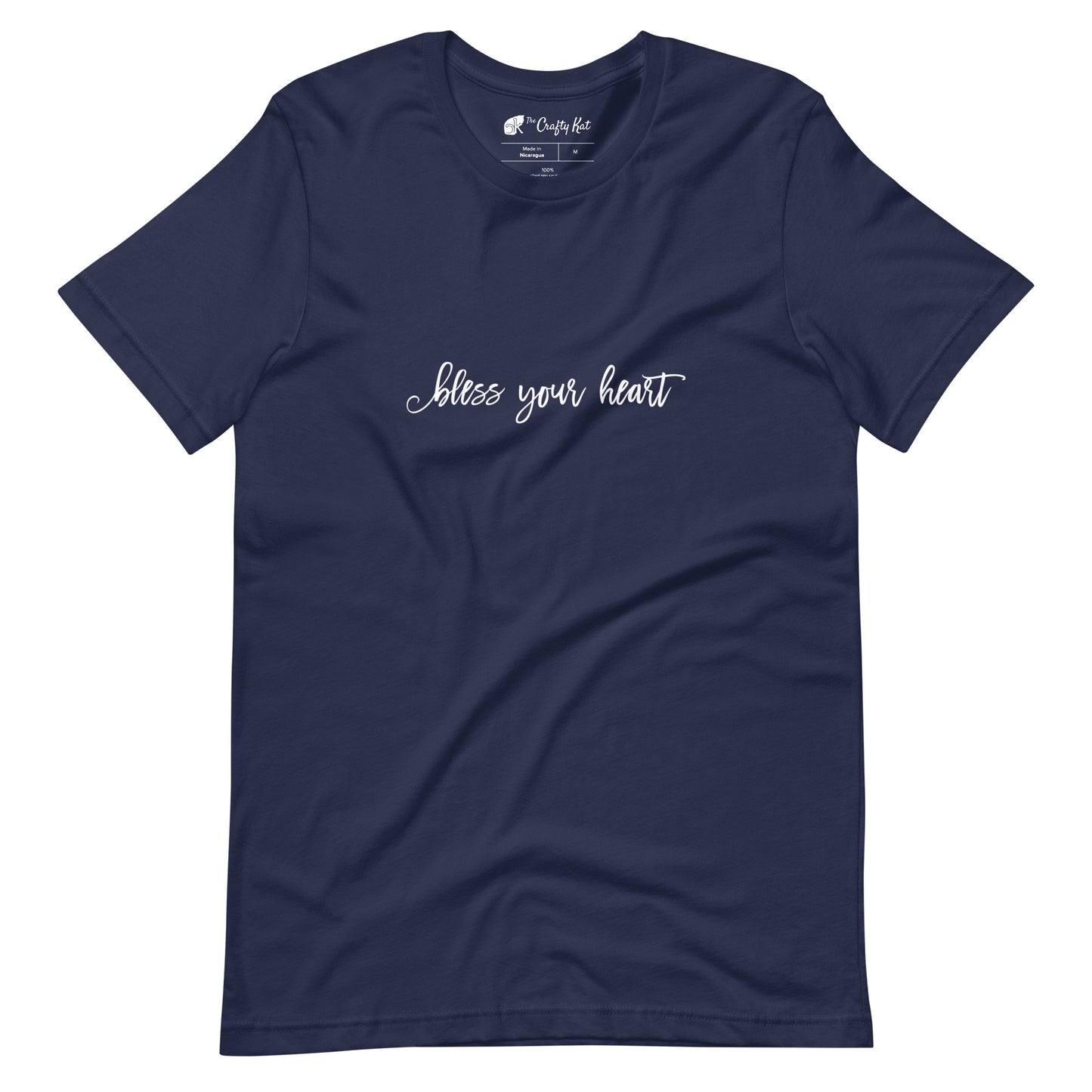 Navy t-shirt with white graphic in an excessively twee font: "bless your heart"