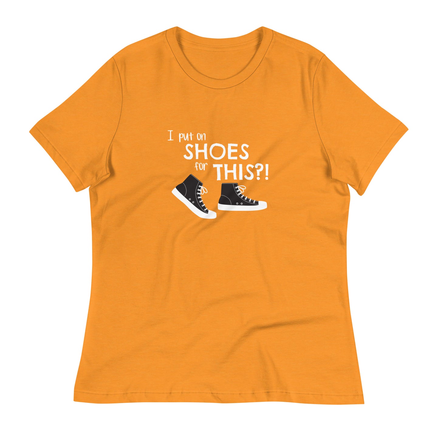 Heather Marmalade women's relaxed fit t-shirt with graphic of black and white canvas "chuck" sneakers and text: "I put on SHOES for THIS?!"