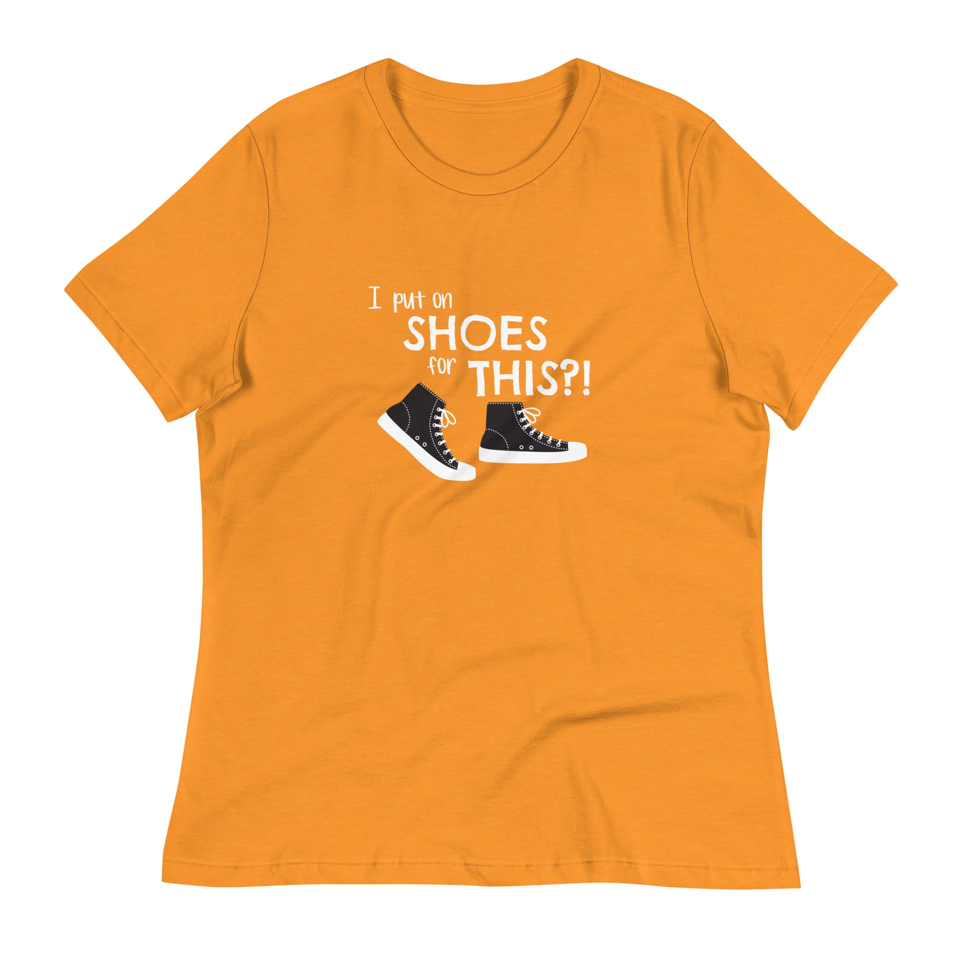 Heather Marmalade women's relaxed fit t-shirt with graphic of black and white canvas "chuck" sneakers and text: "I put on SHOES for THIS?!"