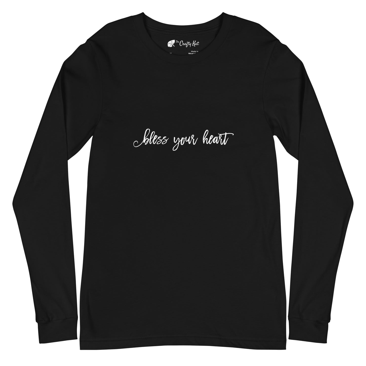 Black unisex long-sleeve tee with text in an excessively twee font: "bless your heart"