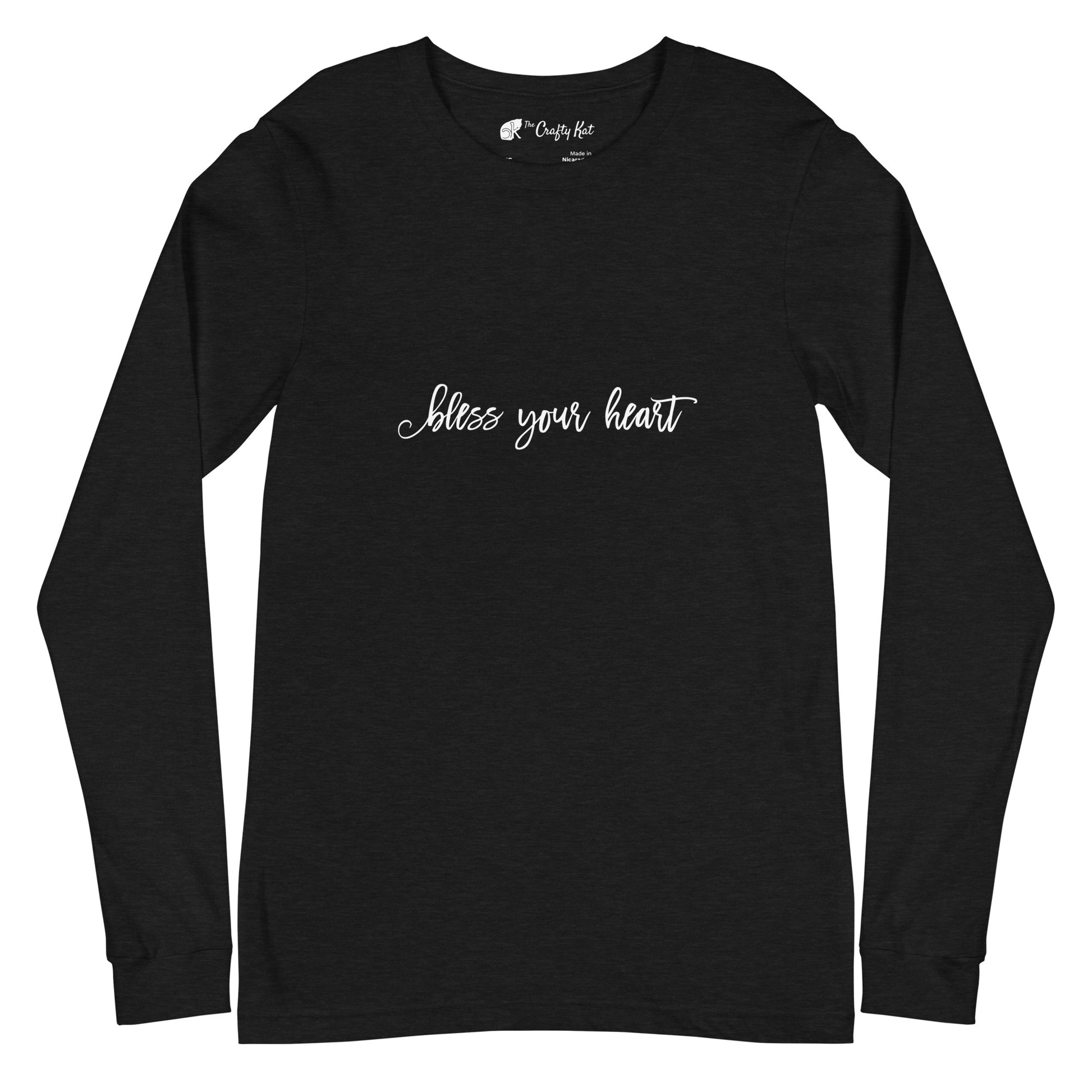 Black Heather unisex long-sleeve tee with text in an excessively twee font: "bless your heart"