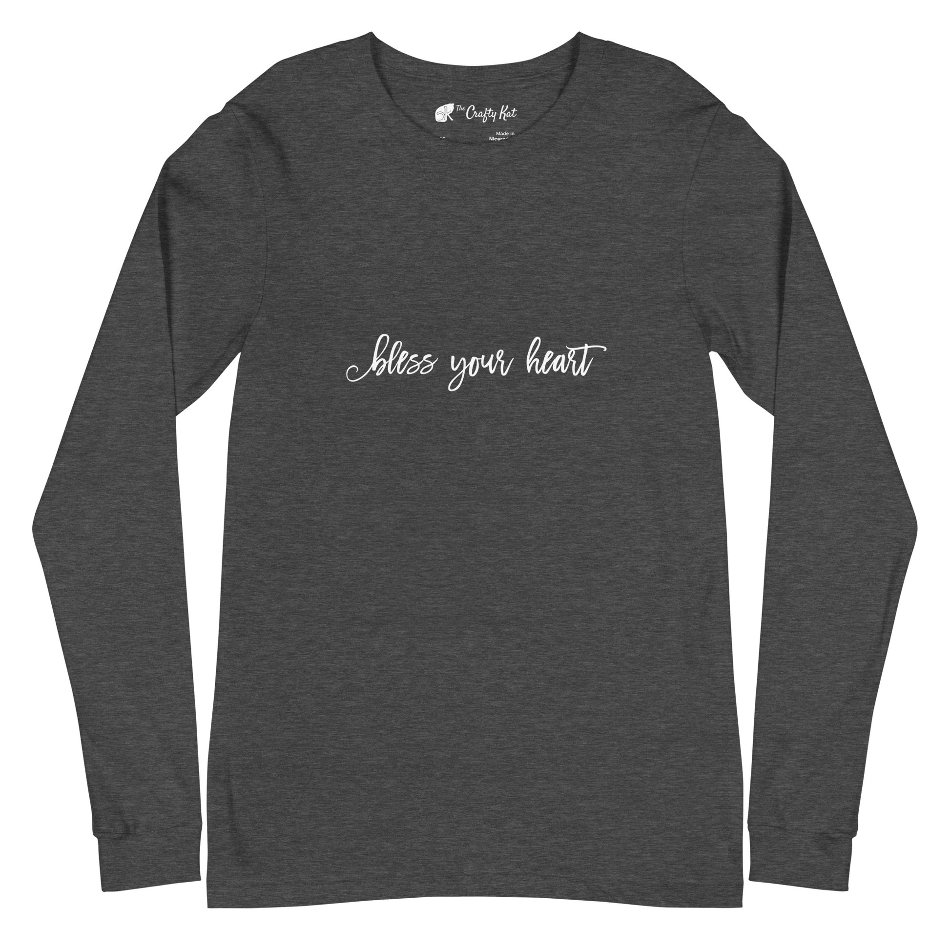 Dark Grey Heather unisex long-sleeve tee with text in an excessively twee font: "bless your heart"