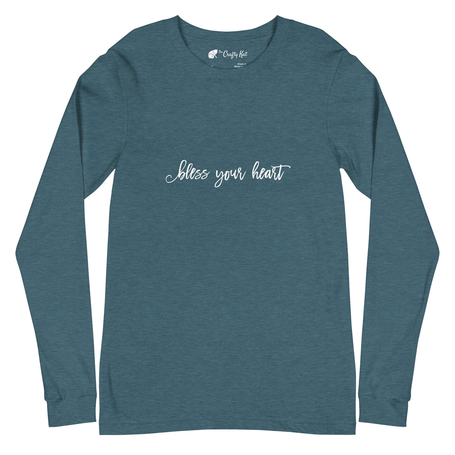 Heather Deep Teal unisex long-sleeve tee with text in an excessively twee font: "bless your heart"