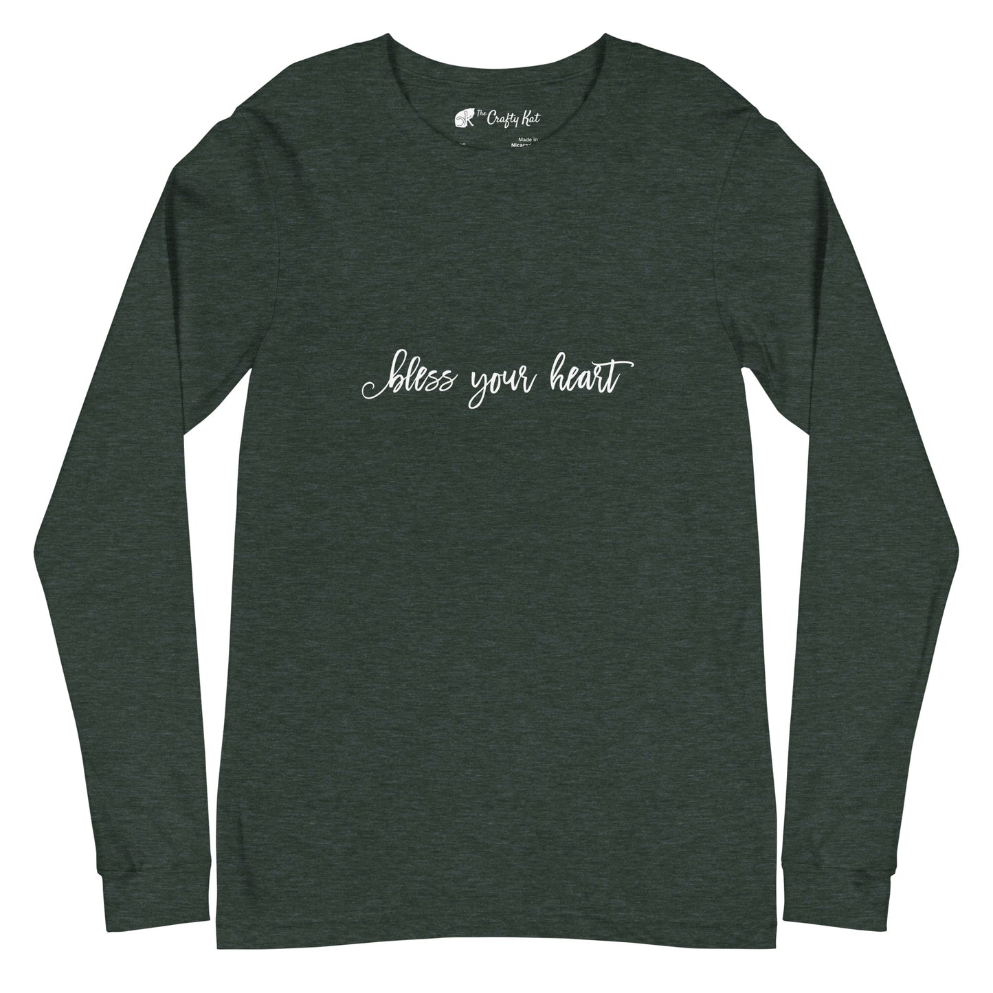 Heather Forest unisex long-sleeve tee with text in an excessively twee font: "bless your heart"