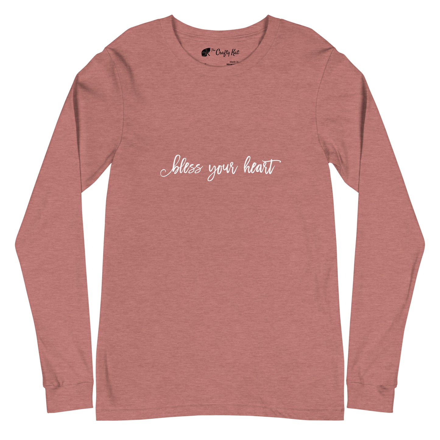 Heather Mauve unisex long-sleeve tee with text in an excessively twee font: "bless your heart"