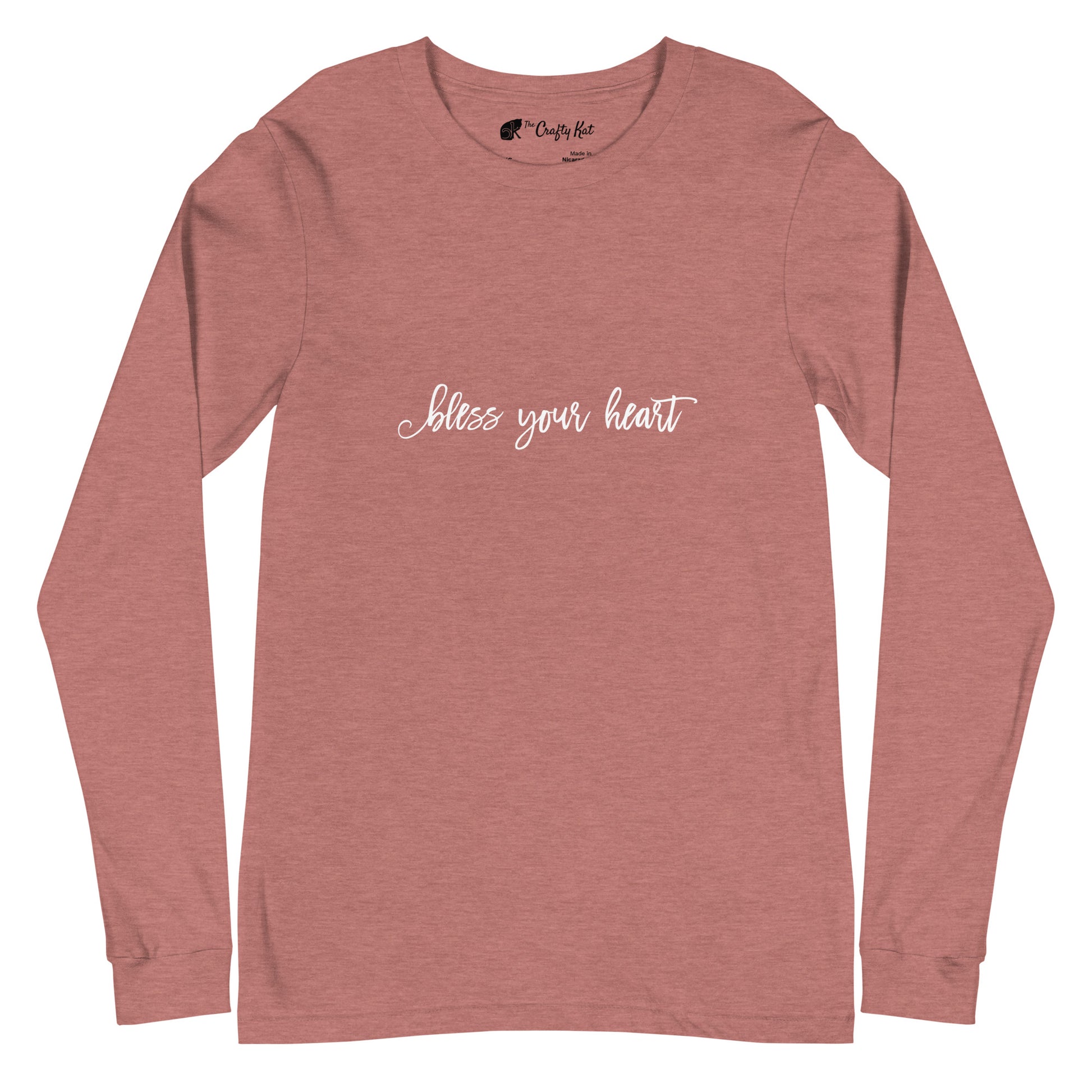 Heather Mauve unisex long-sleeve tee with text in an excessively twee font: "bless your heart"