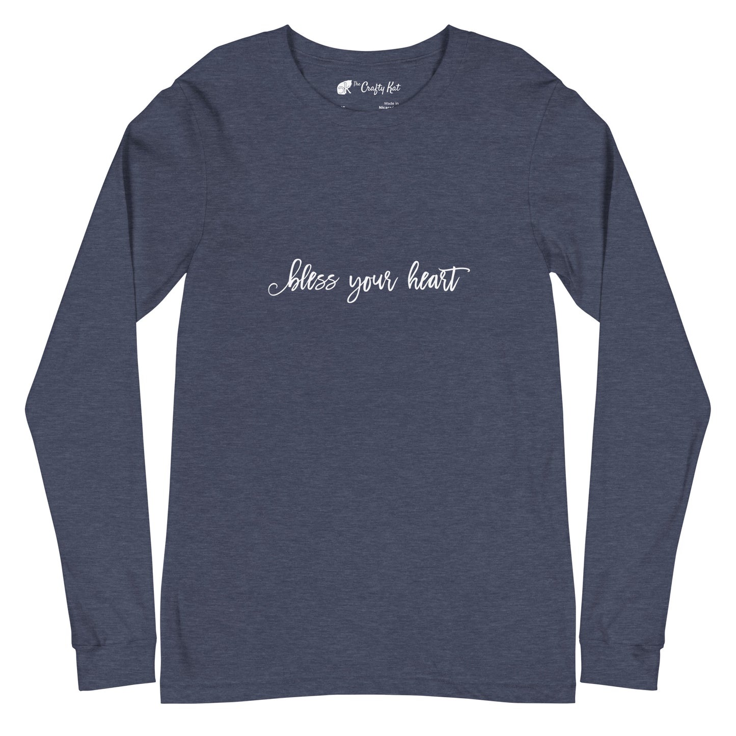 Heather Navy unisex long-sleeve tee with text in an excessively twee font: "bless your heart"