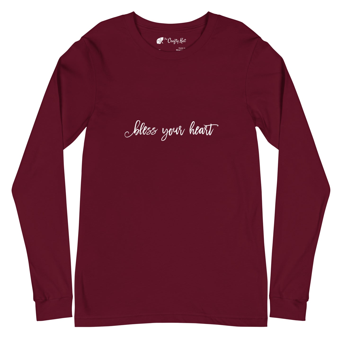 Maroon unisex long-sleeve tee with text in an excessively twee font: "bless your heart"