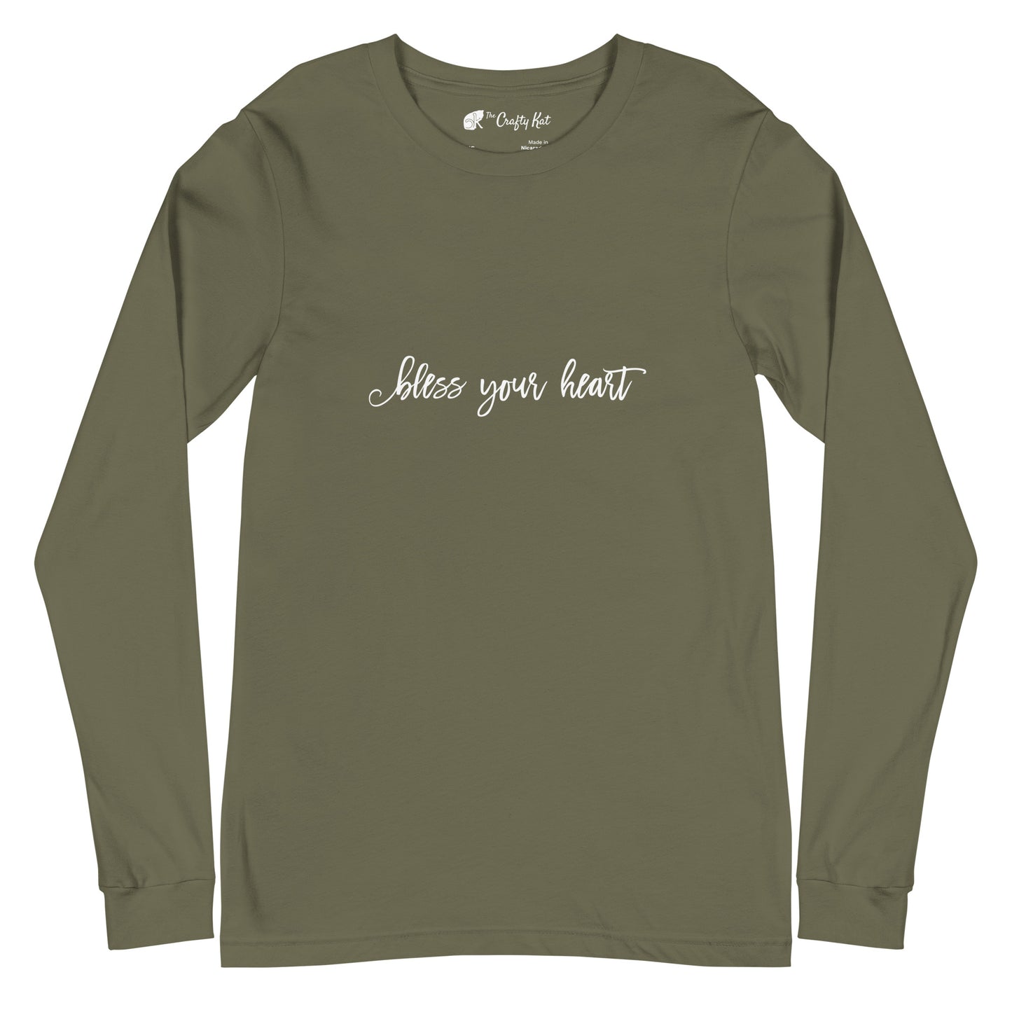 Military Green unisex long-sleeve tee with text in an excessively twee font: "bless your heart"