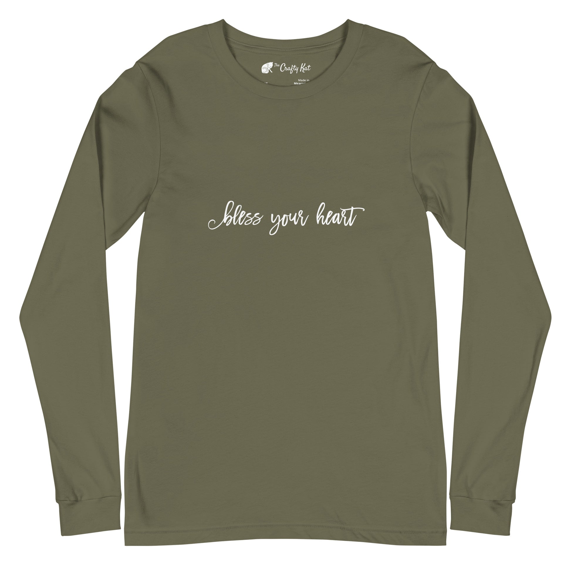 Military Green unisex long-sleeve tee with text in an excessively twee font: "bless your heart"