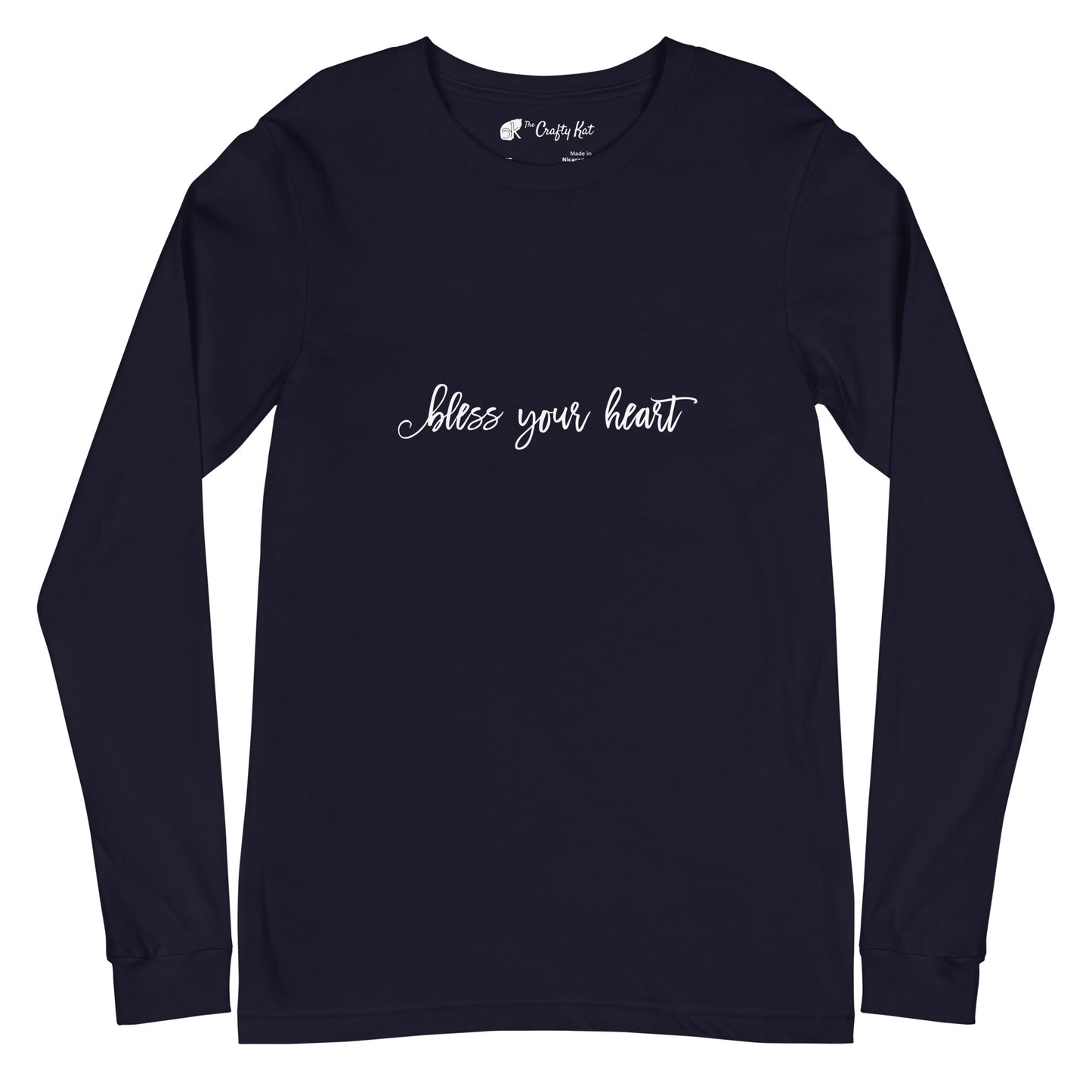 Navy unisex long-sleeve tee with text in an excessively twee font: "bless your heart"