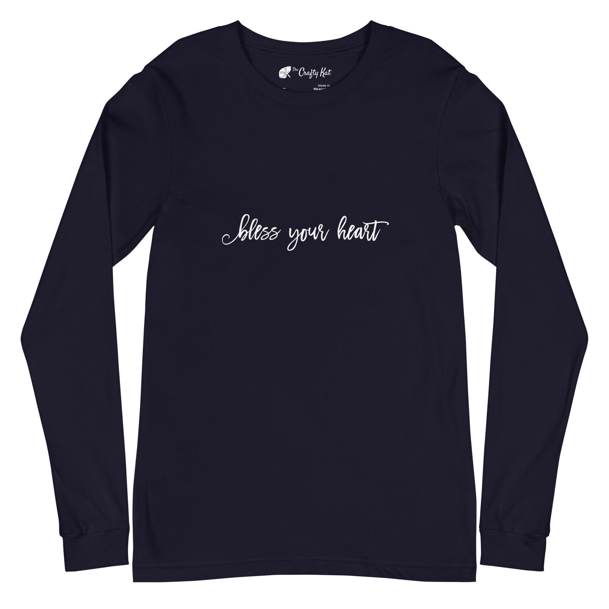 Navy unisex long-sleeve tee with text in an excessively twee font: "bless your heart"