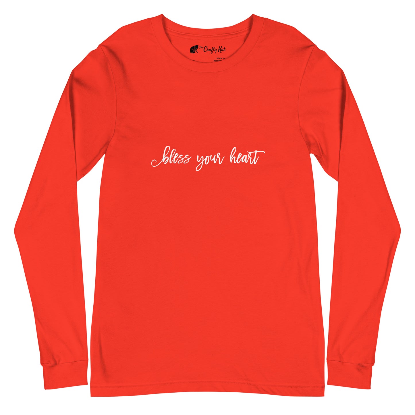 Poppy Red unisex long-sleeve tee with text in an excessively twee font: "bless your heart"