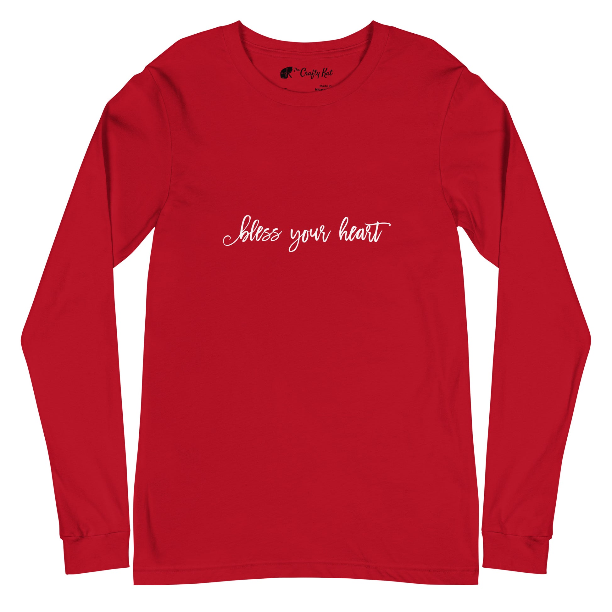 Red unisex long-sleeve tee with text in an excessively twee font: "bless your heart"