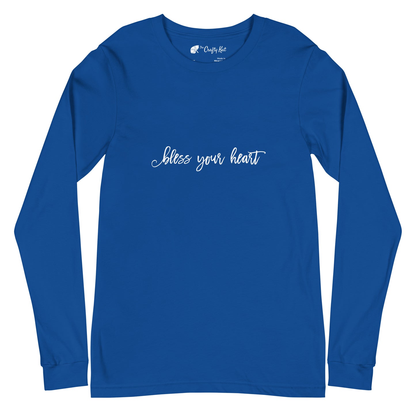 True Royal Blue unisex long-sleeve tee with text in an excessively twee font: "bless your heart"