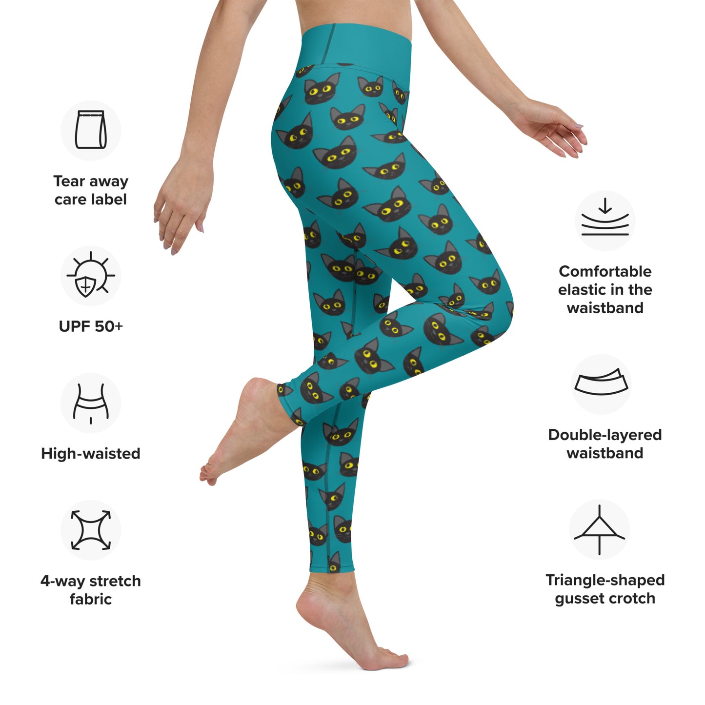 Yoga leggings adorned with multiple silly black cat faces