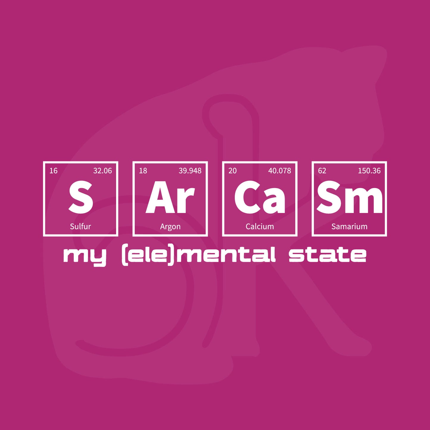 Standalone watermarked graphic of periodic table of elements symbols for Sulfur (S), Argon (Ar), Calcium (Ca), and Samarium (Sm) and text "my (ele)mental state"