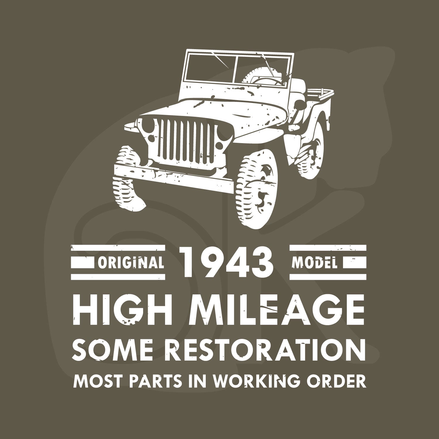 Standalone watermarked distressed graphic of old military jeep and text "Original YEAR model HIGH MILEAGE some restoration MOST PARTS IN WORKING ORDER"