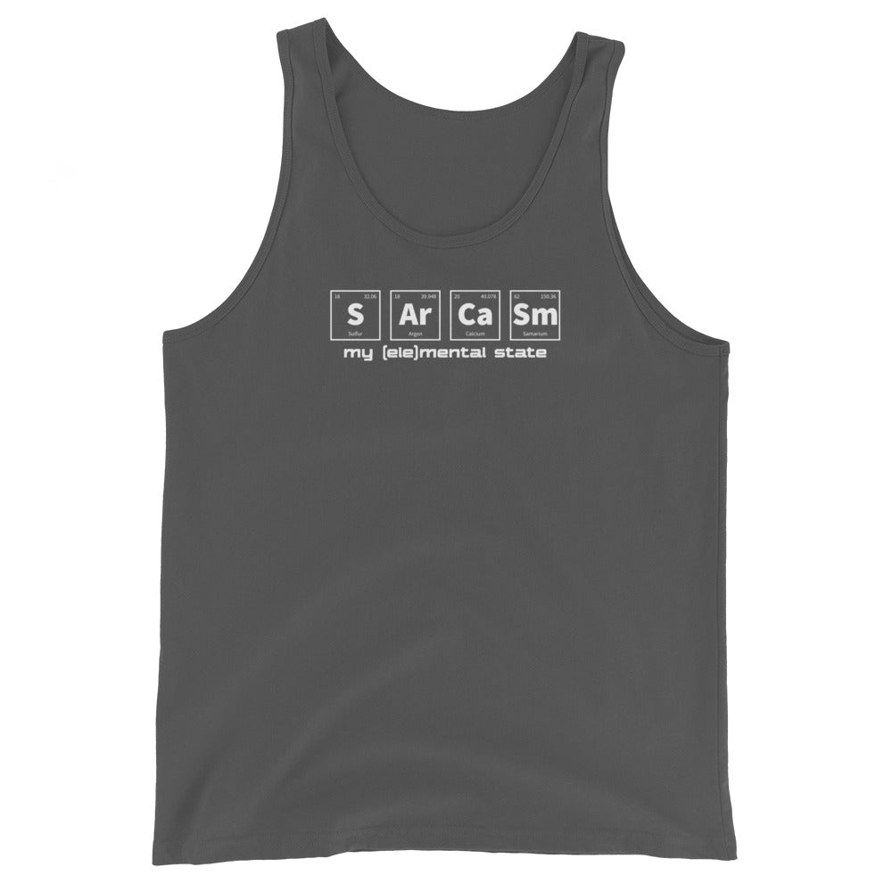 Asphalt gray unisex tank top with graphic of periodic table of elements symbols for Sulfur (S), Argon (Ar), Calcium (Ca), and Samarium (Sm) and text "my (ele)mental state"