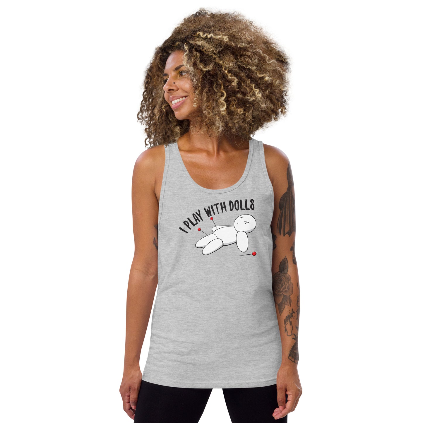 Model wearing Athletic Heather unisex tank top with graphic of white voodoo doll with Xs for eyes stuck with several pins and text "I PLAY WITH DOLLS"