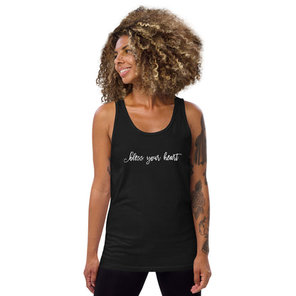 Model wearing a Black tank top with white graphic in an excessively twee font: "bless your heart"