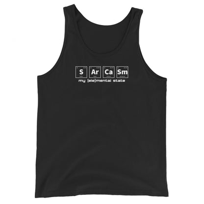 Black unisex tank top with graphic of periodic table of elements symbols for Sulfur (S), Argon (Ar), Calcium (Ca), and Samarium (Sm) and text "my (ele)mental state"