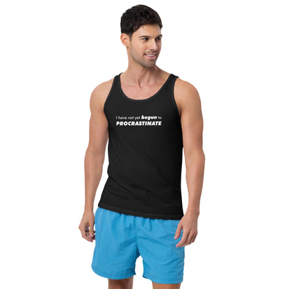 Male model wearing black tank top with text graphic: "I have not yet BEGUN to PROCRASTINATE"