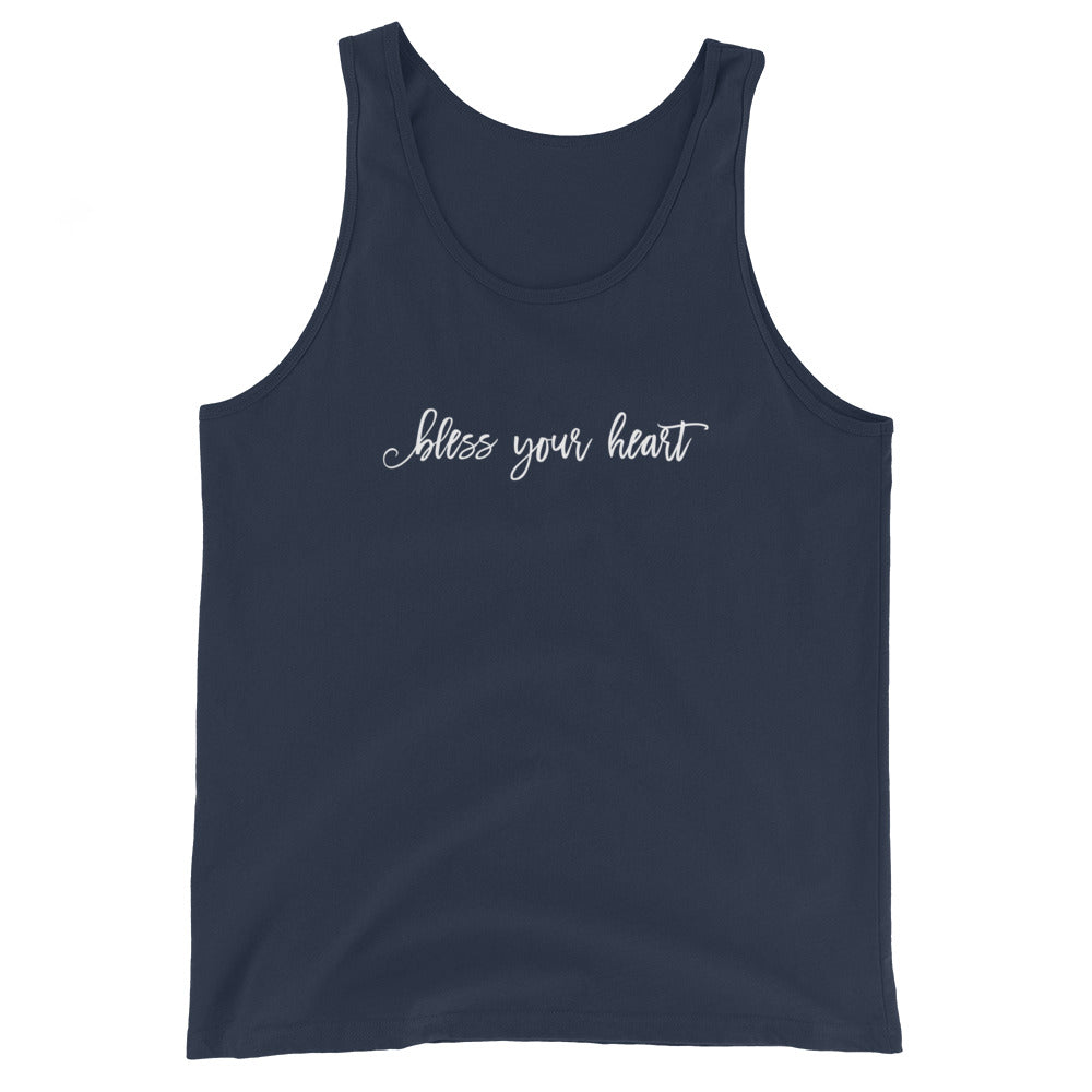 Navy tank top with white graphic in an excessively twee font: "bless your heart"