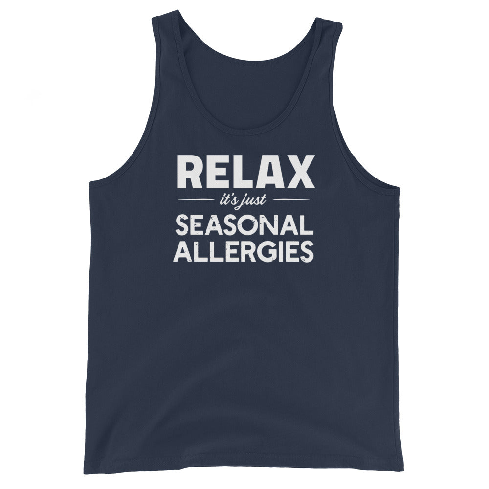Navy unisex tank top with white graphic: "RELAX it's just SEASONAL ALLERGIES"