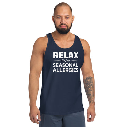 Model wearing Navy unisex tank top with white graphic: "RELAX it's just SEASONAL ALLERGIES"
