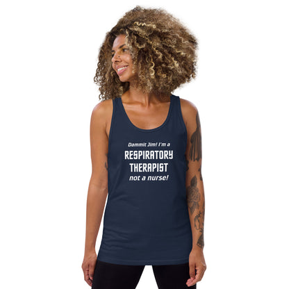 Model wearing a navy unisex tank top with text graphic in Star Trek font: "Dammit Jim! I'm a RESPIRATORY THERAPIST not a nurse!"