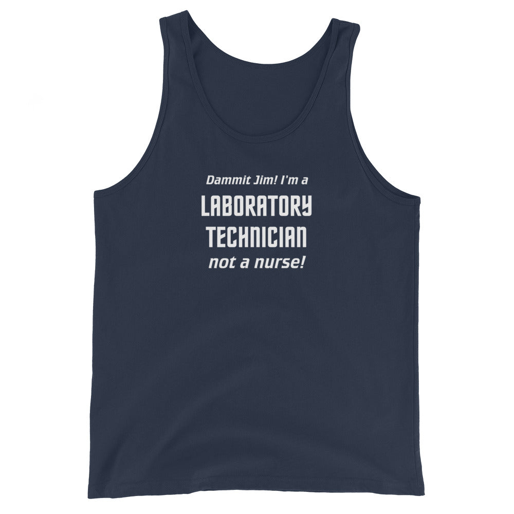 Navy tank top with text graphic in Star Trek font: "Dammit Jim! I'm a LABORATORY TECHNICIAN not a nurse!"