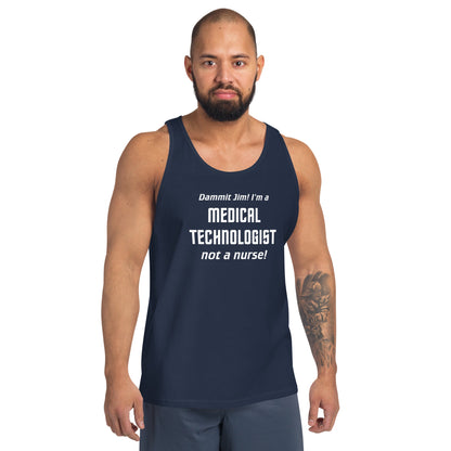 Model wearing navy tank top with text graphic in Star Trek font: "Dammit Jim! I'm a MEDICAL TECHNOLOGIST not a nurse!"