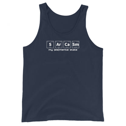 Navy unisex tank top with graphic of periodic table of elements symbols for Sulfur (S), Argon (Ar), Calcium (Ca), and Samarium (Sm) and text "my (ele)mental state"