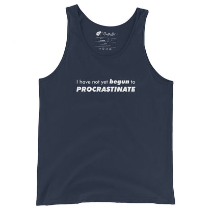Navy tank top with text graphic: "I have not yet BEGUN to PROCRASTINATE"