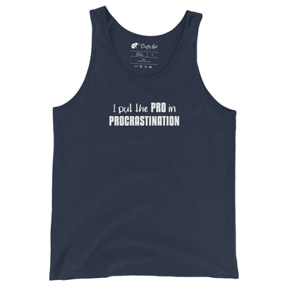 Navy unisex tank top with text graphic: "I put the PRO in PROCRASTINATION"