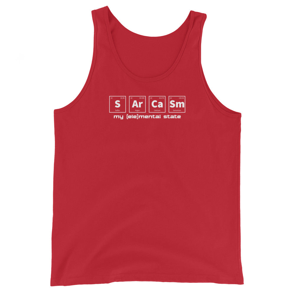 Red unisex tank top with graphic of periodic table of elements symbols for Sulfur (S), Argon (Ar), Calcium (Ca), and Samarium (Sm) and text "my (ele)mental state"