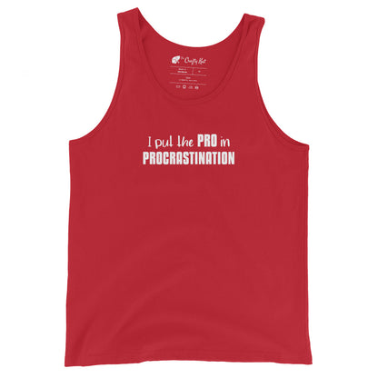 Red unisex tank top with text graphic: "I put the PRO in PROCRASTINATION"