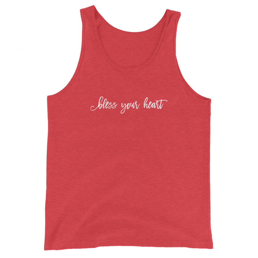 Red Tri-Blend tank top with white graphic in an excessively twee font: "bless your heart"